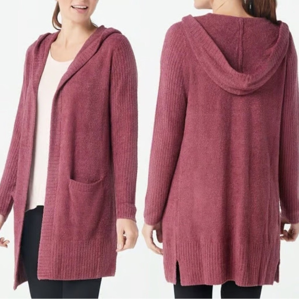 Barefoot Dreams CozyChic Lite Relaxed Hooded Cardi with Pockets - Berry